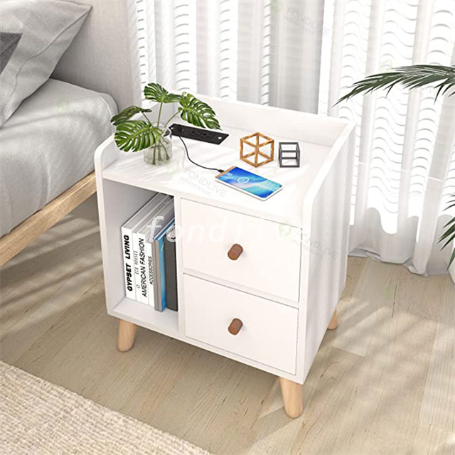 Simple Generous Wooden White Bedside Table With Solid Wood Legs