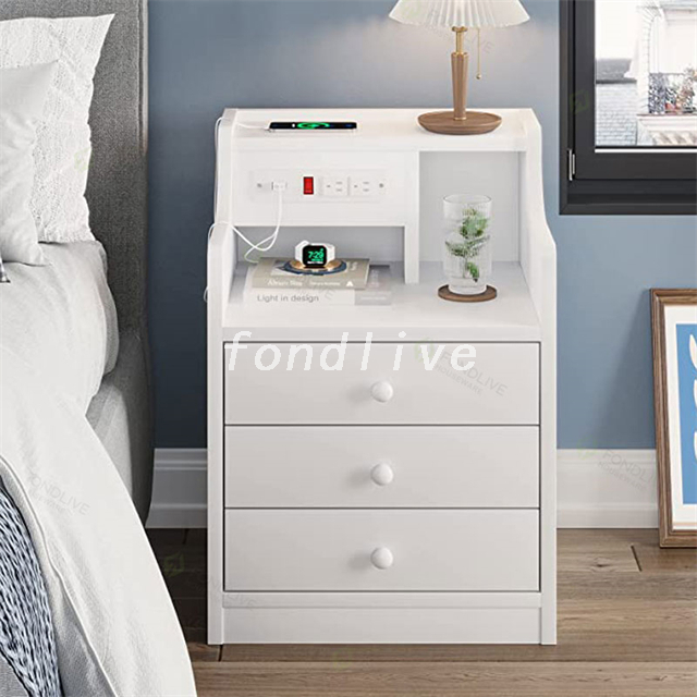 Smart Multi-functional White Bedside Table Solid Wood