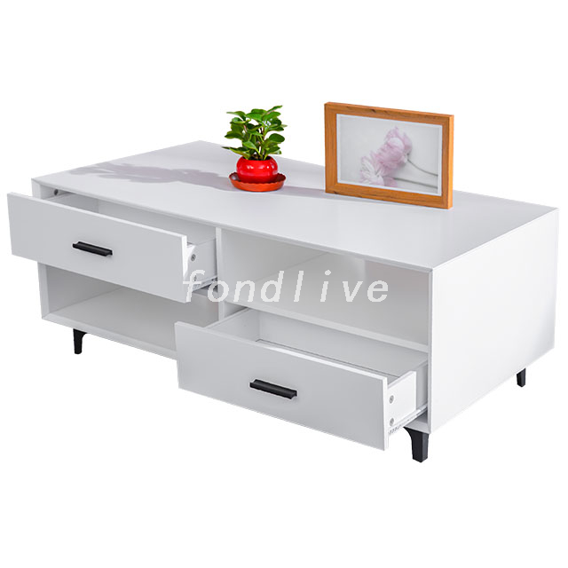 Hot sale living room wooden Nordic modern 2 drawers tea coffee table with metal legs