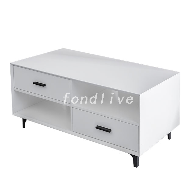 Hot sale living room wooden Nordic modern 2 drawers tea coffee table with metal legs